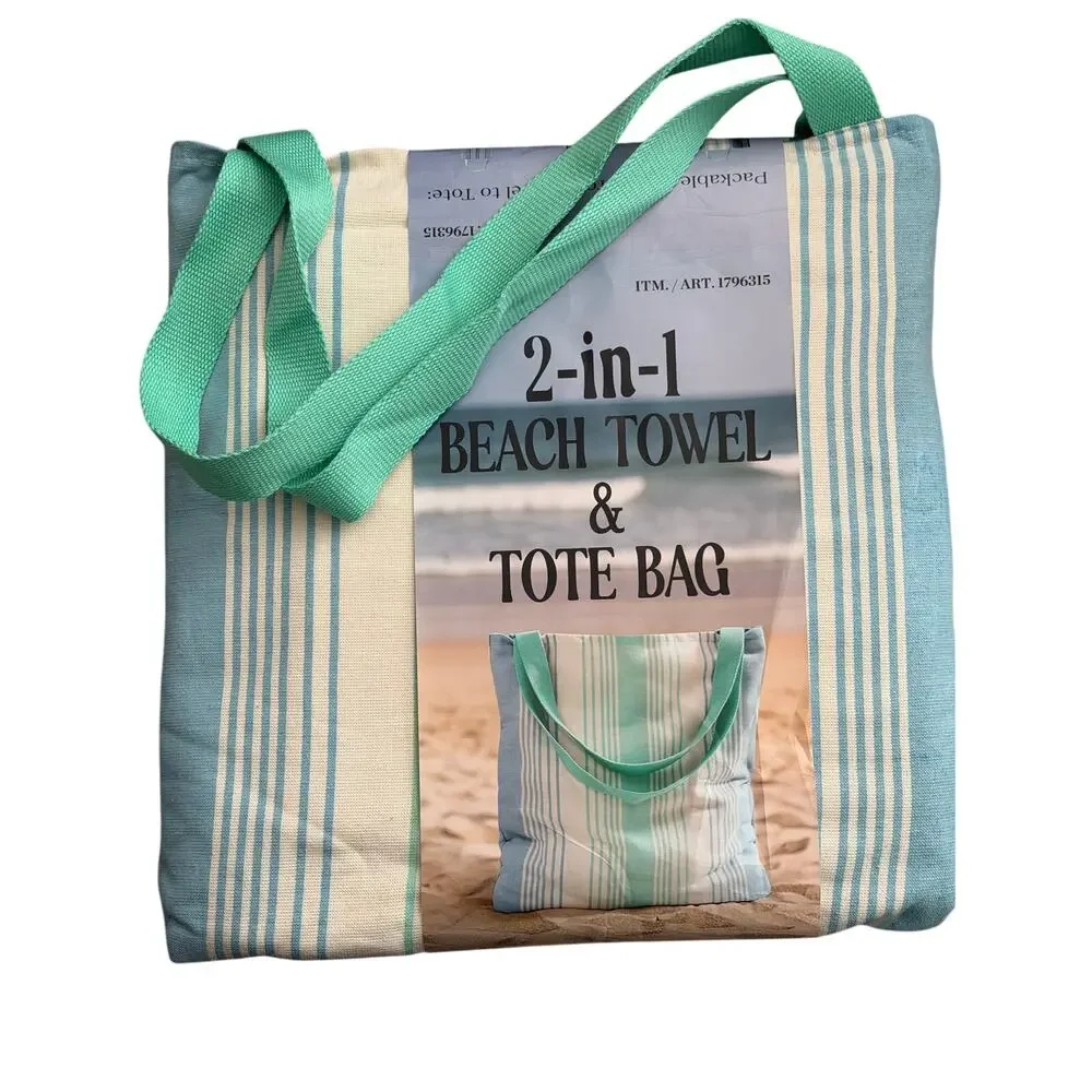 2-in-1 Beach Towel & Tote Bag, 100% Cotton, Striped, 40x72 Multicolor